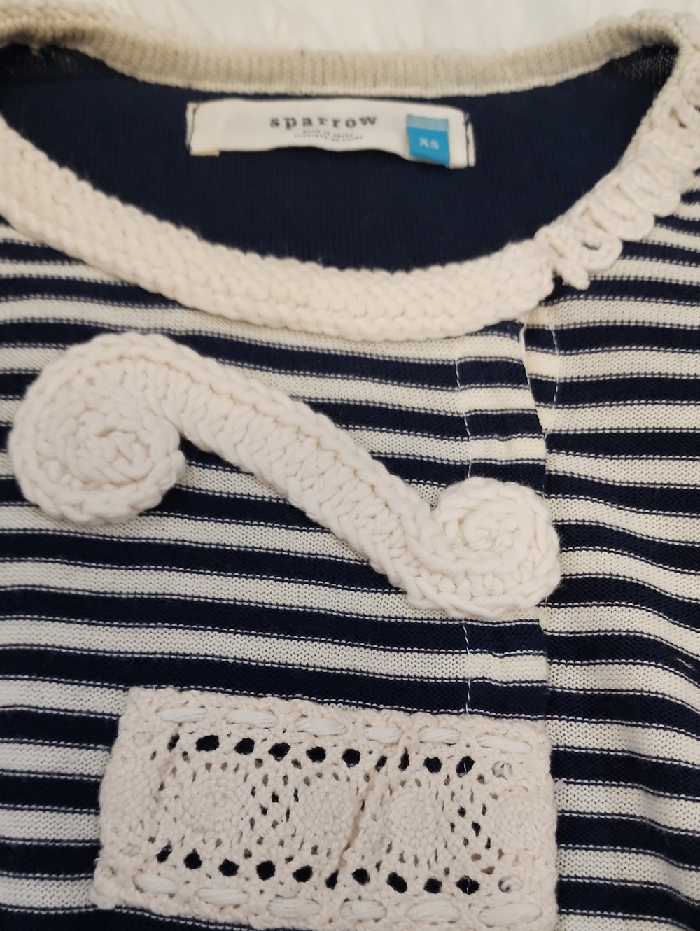 sparrow Navy and Cream Crochet-Trim Striped Knit Top